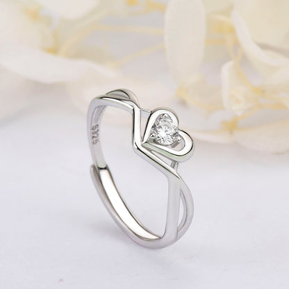 S925 Sterling Silver Love Heart Adjustable This stunning sterling silver ring showcases a highly polished, smooth surface, embellished with a brilRing