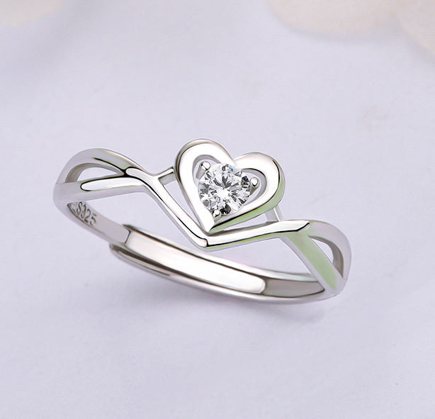 S925 Sterling Silver Love Heart Adjustable This stunning sterling silver ring showcases a highly polished, smooth surface, embellished with a brilRing