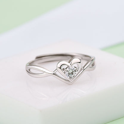 S925 Sterling Silver Love Heart Adjustable This stunning sterling silver ring showcases a highly polished, smooth surface, embellished with a brilRing