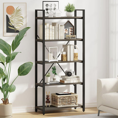 5 Tier Multifunction Heavy Duty Bookcase Wood & Steel Storage Shelf Organizer (Driftwood Grey)