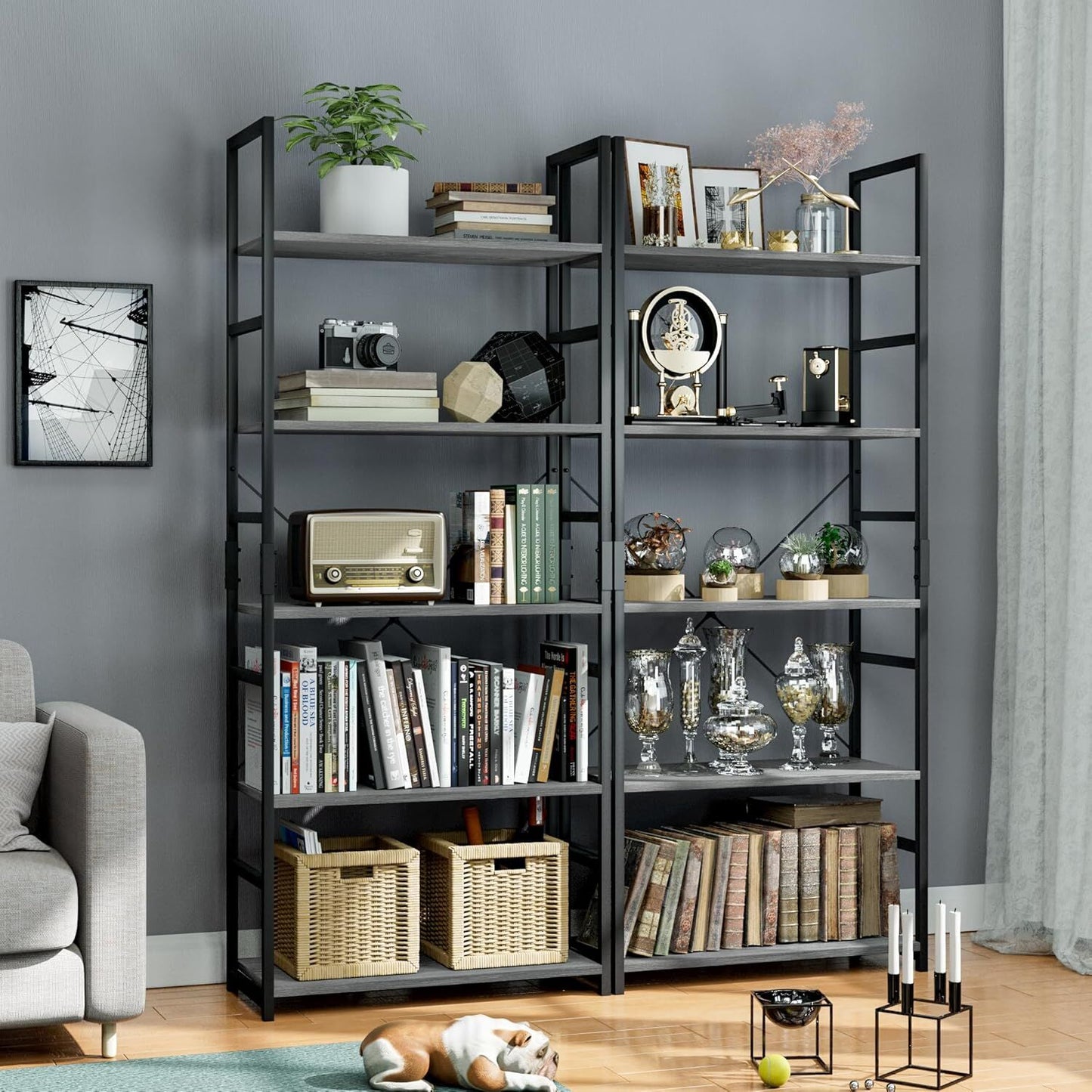 5 Tier Multifunction Heavy Duty Bookcase Wood & Steel Storage Shelf Organizer (Driftwood Grey)