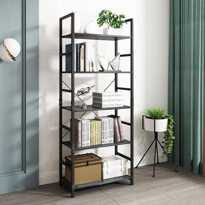 5 Tier Multifunction Heavy Duty Bookcase Wood & Steel Storage Shelf Organizer (Driftwood Grey)