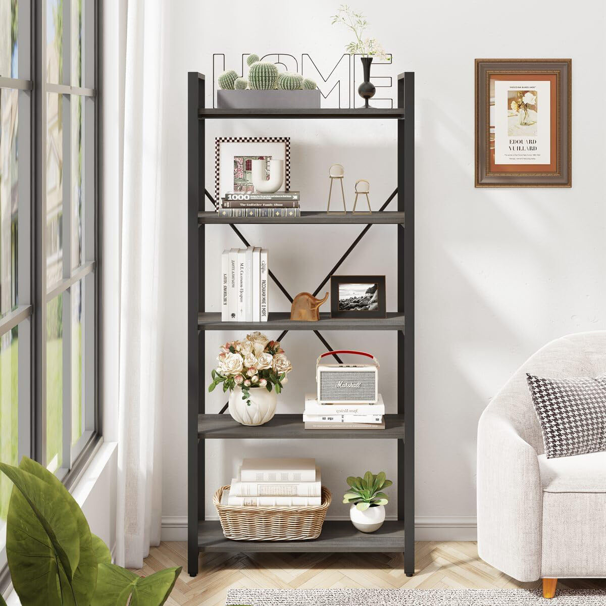 5 Tier Multifunction Heavy Duty Bookcase Wood & Steel Storage Shelf Organizer (Driftwood Grey)