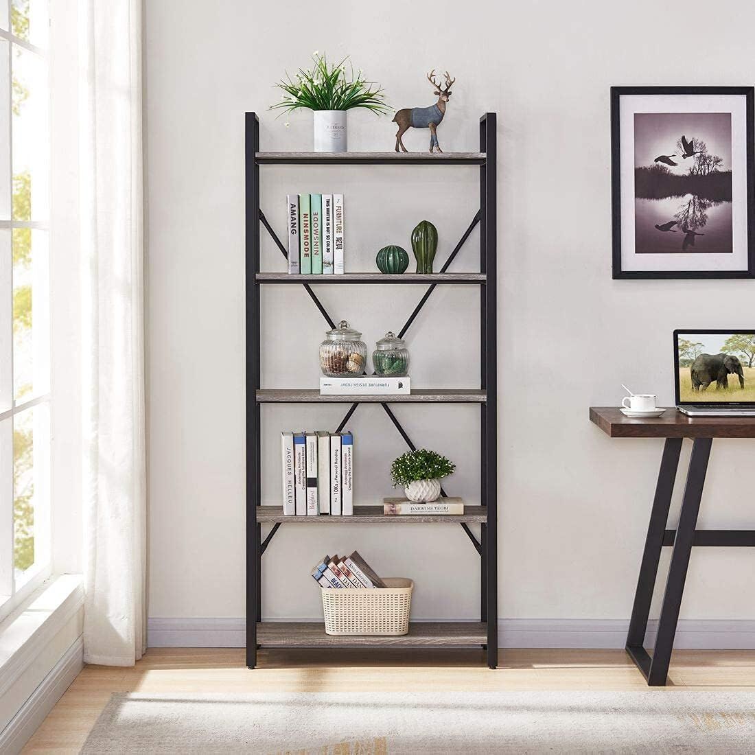 5 Tier Multifunction Heavy Duty Bookcase Wood & Steel Storage Shelf Organizer (Driftwood Grey)