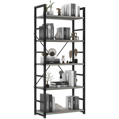 5 Tier Multifunction Heavy Duty Bookcase Wood & Steel Storage Shelf Organizer (Driftwood Grey)