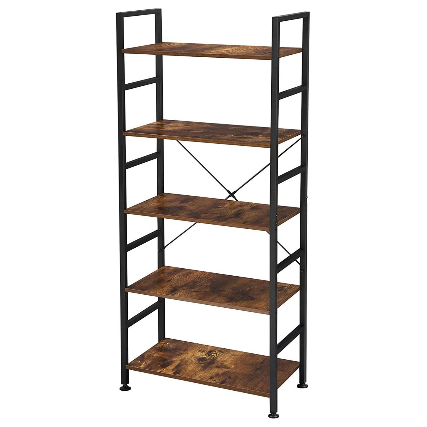 5 Tier Multifunction Heavy Duty Bookcase Rustic Wood & Steel Storage Shelf Organizer