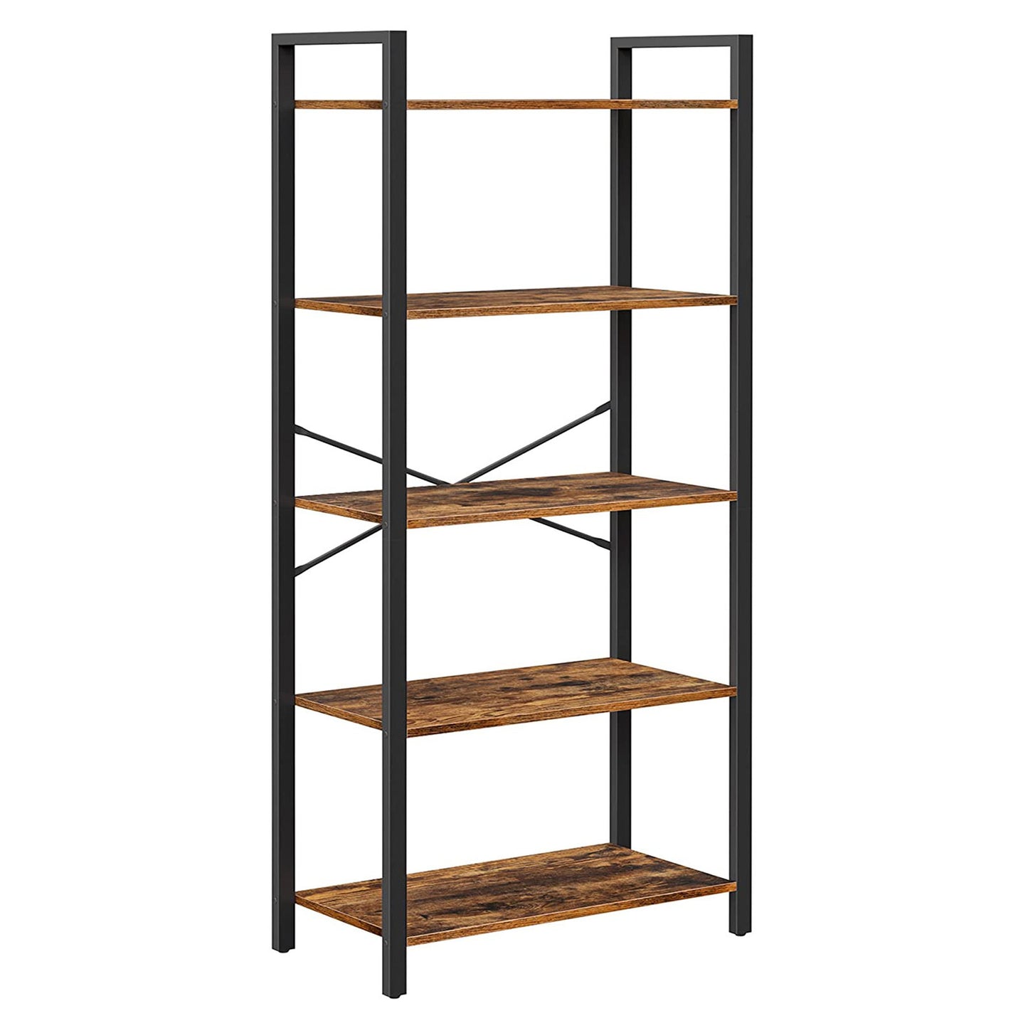 5 Tier Multifunction Heavy Duty Bookcase Rustic Wood & Steel Storage Shelf Organizer