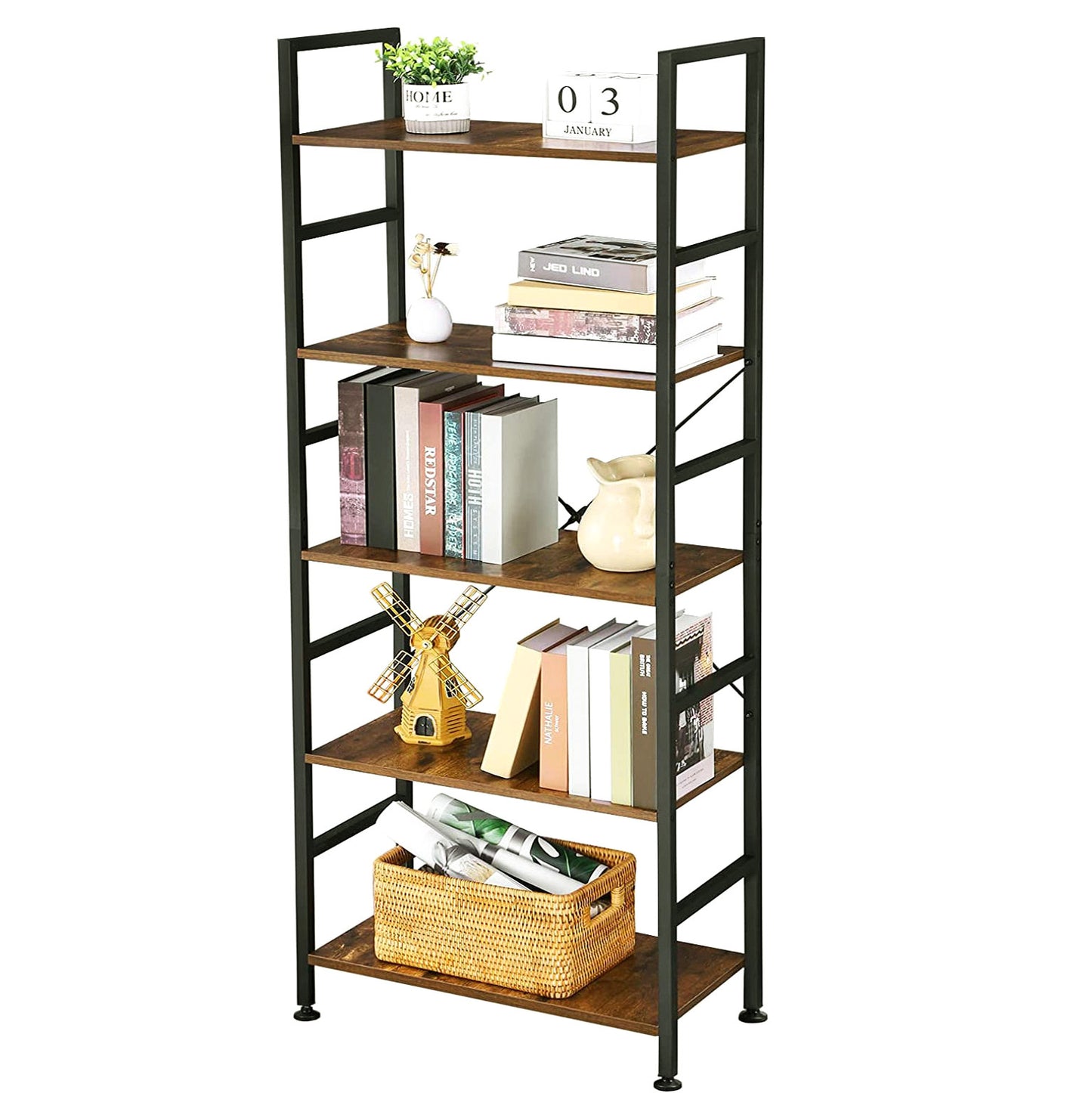 5 Tier Multifunction Heavy Duty Bookcase Rustic Wood & Steel Storage Shelf Organizer