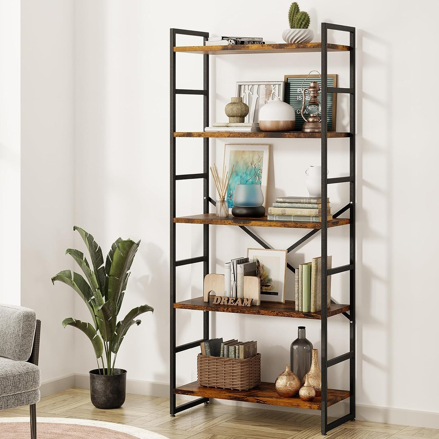 5 Tier Multifunction Heavy Duty Bookcase Rustic Wood & Steel Storage Shelf Organizer