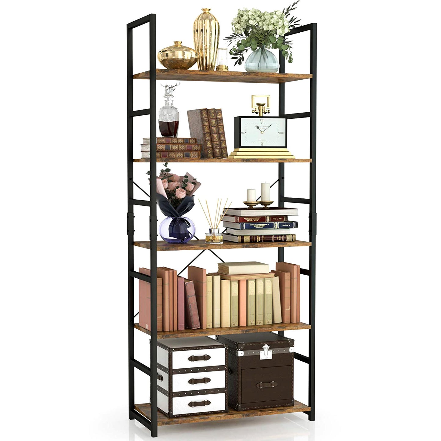 5 Tier Multifunction Heavy Duty Bookcase Rustic Wood & Steel Storage Shelf Organizer