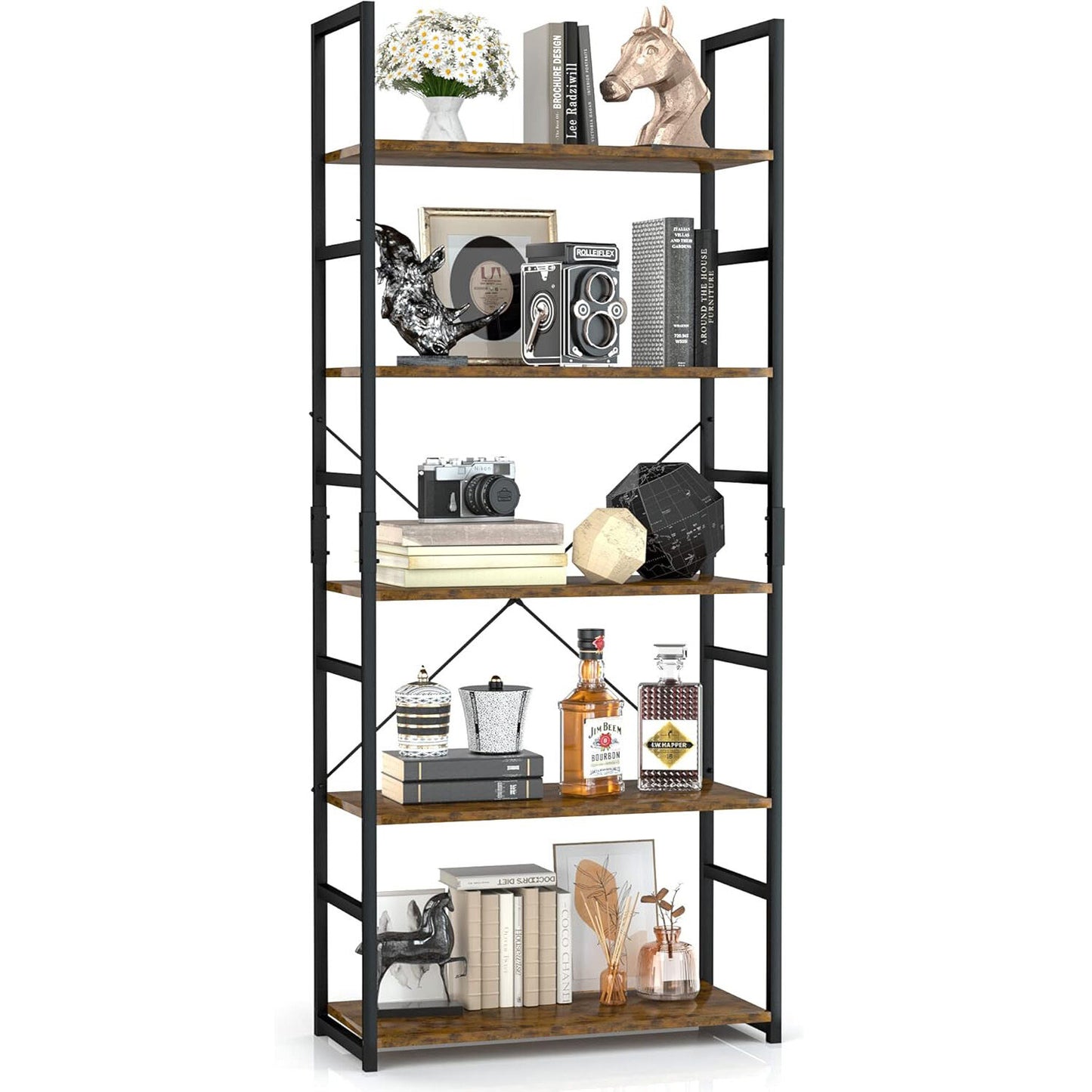 5 Tier Multifunction Heavy Duty Bookcase Rustic Wood & Steel Storage Shelf Organizer