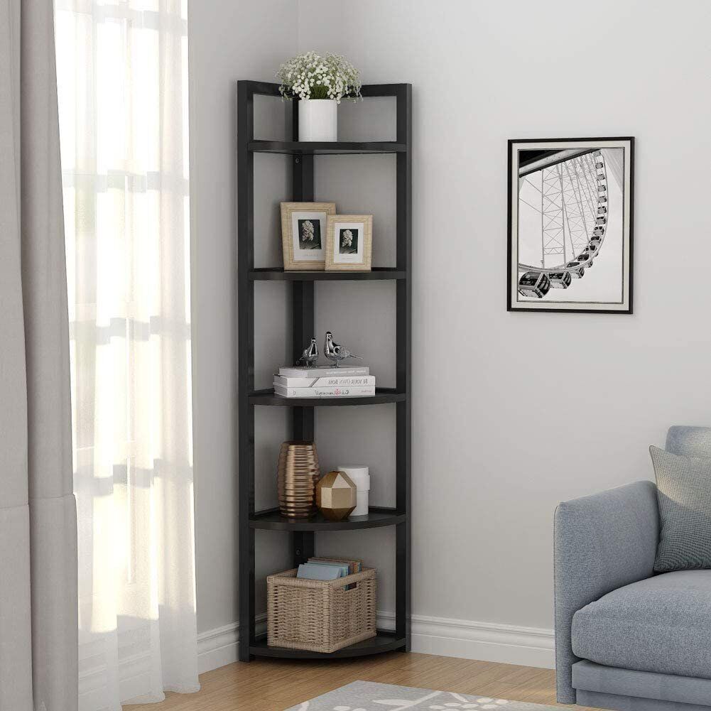 Deluxe 5 Tier Wood & Steel Corner Shelf Organizer Unit (Black)