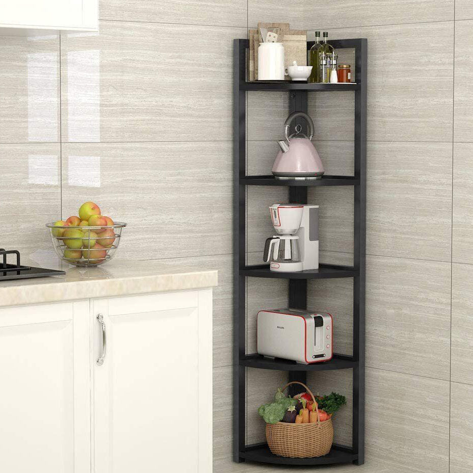 Deluxe 5 Tier Wood & Steel Corner Shelf Organizer Unit (Black)