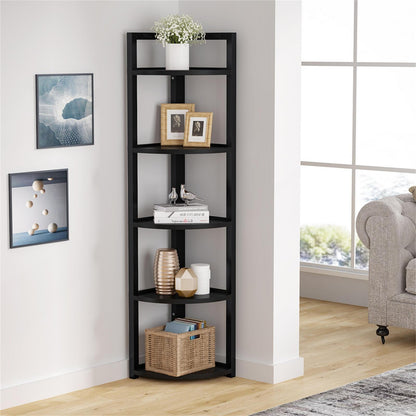 Deluxe 5 Tier Wood & Steel Corner Shelf Organizer Unit (Black)