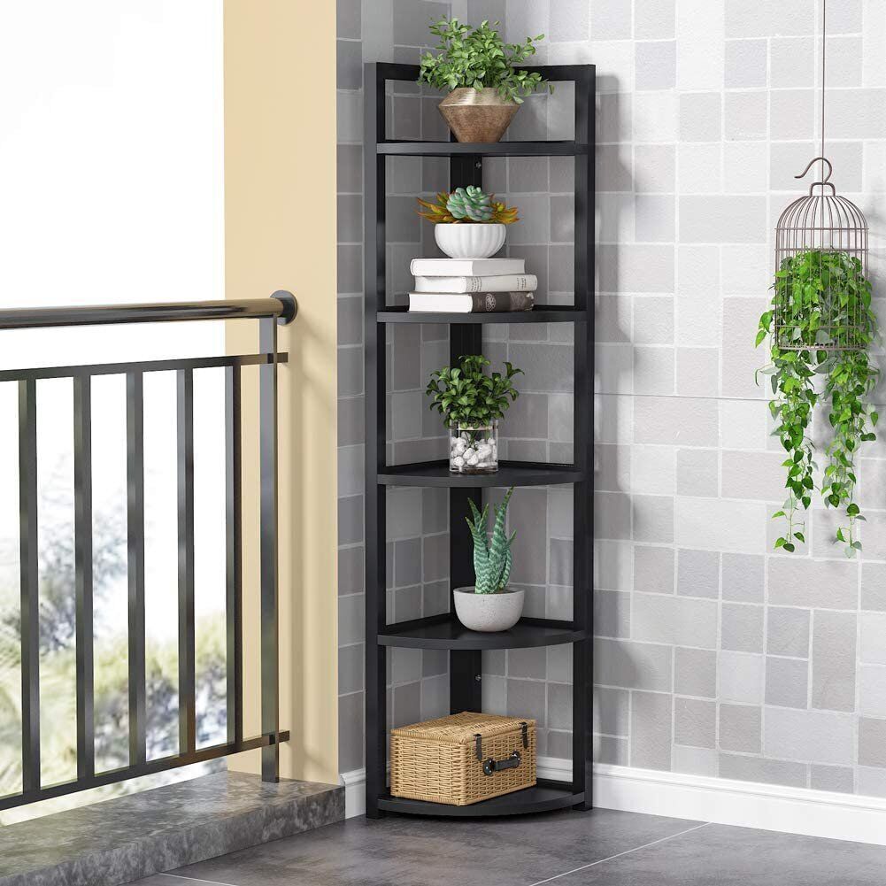 Deluxe 5 Tier Wood & Steel Corner Shelf Organizer Unit (Black)