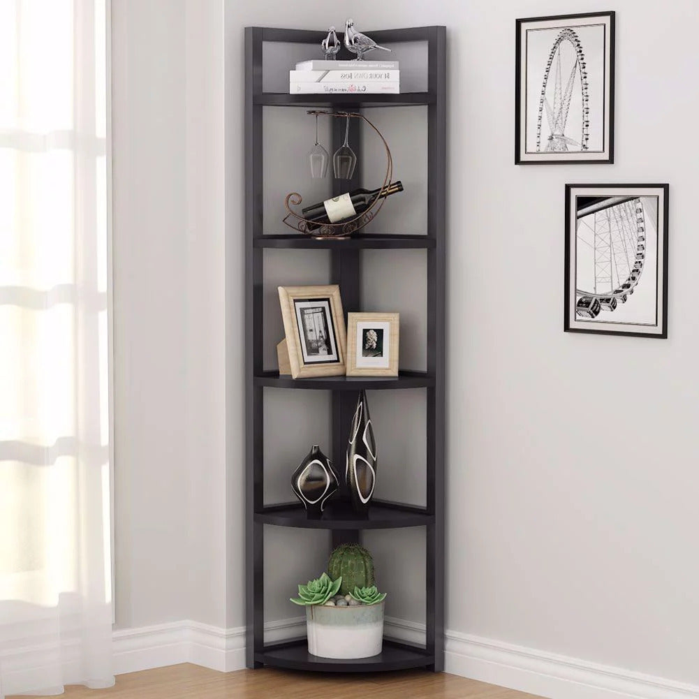 Deluxe 5 Tier Wood & Steel Corner Shelf Organizer Unit (Black)