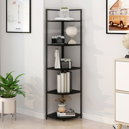 Deluxe 5 Tier Wood & Steel Corner Shelf Organizer Unit (Black)