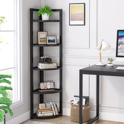 Deluxe 5 Tier Wood & Steel Corner Shelf Organizer Unit (Black)