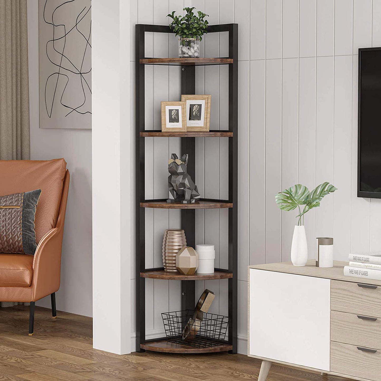 Deluxe 5 Tier Rustic Wood & Steel Corner Shelf Organizer Unit