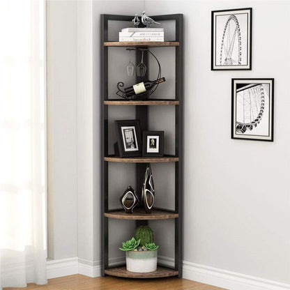 Deluxe 5 Tier Rustic Wood & Steel Corner Shelf Organizer Unit