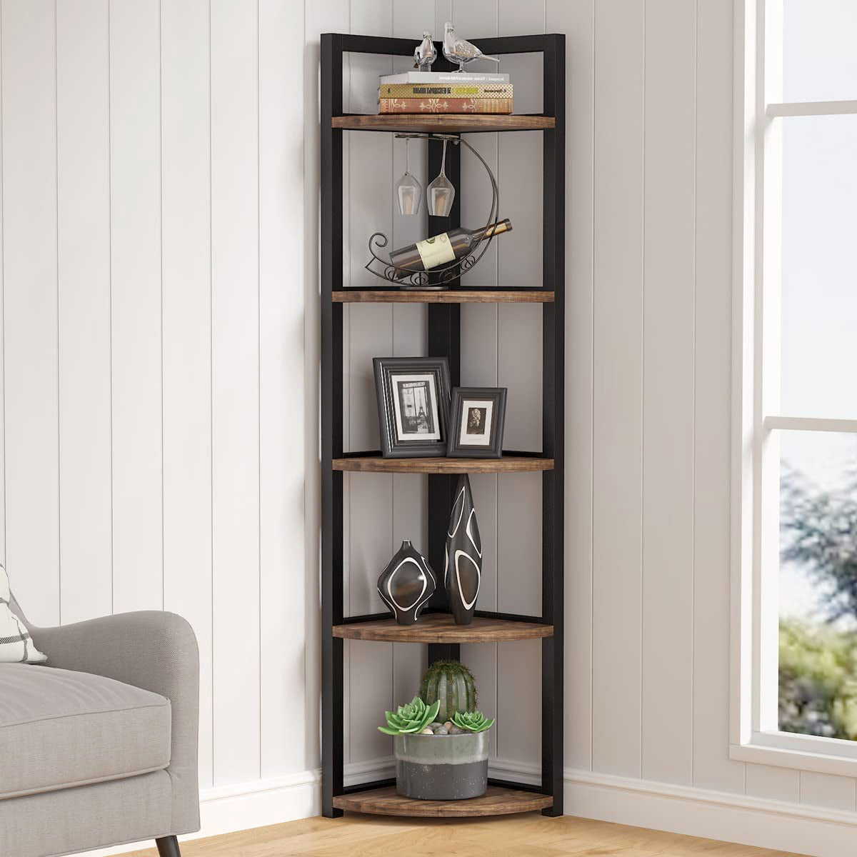 Deluxe 5 Tier Rustic Wood & Steel Corner Shelf Organizer Unit