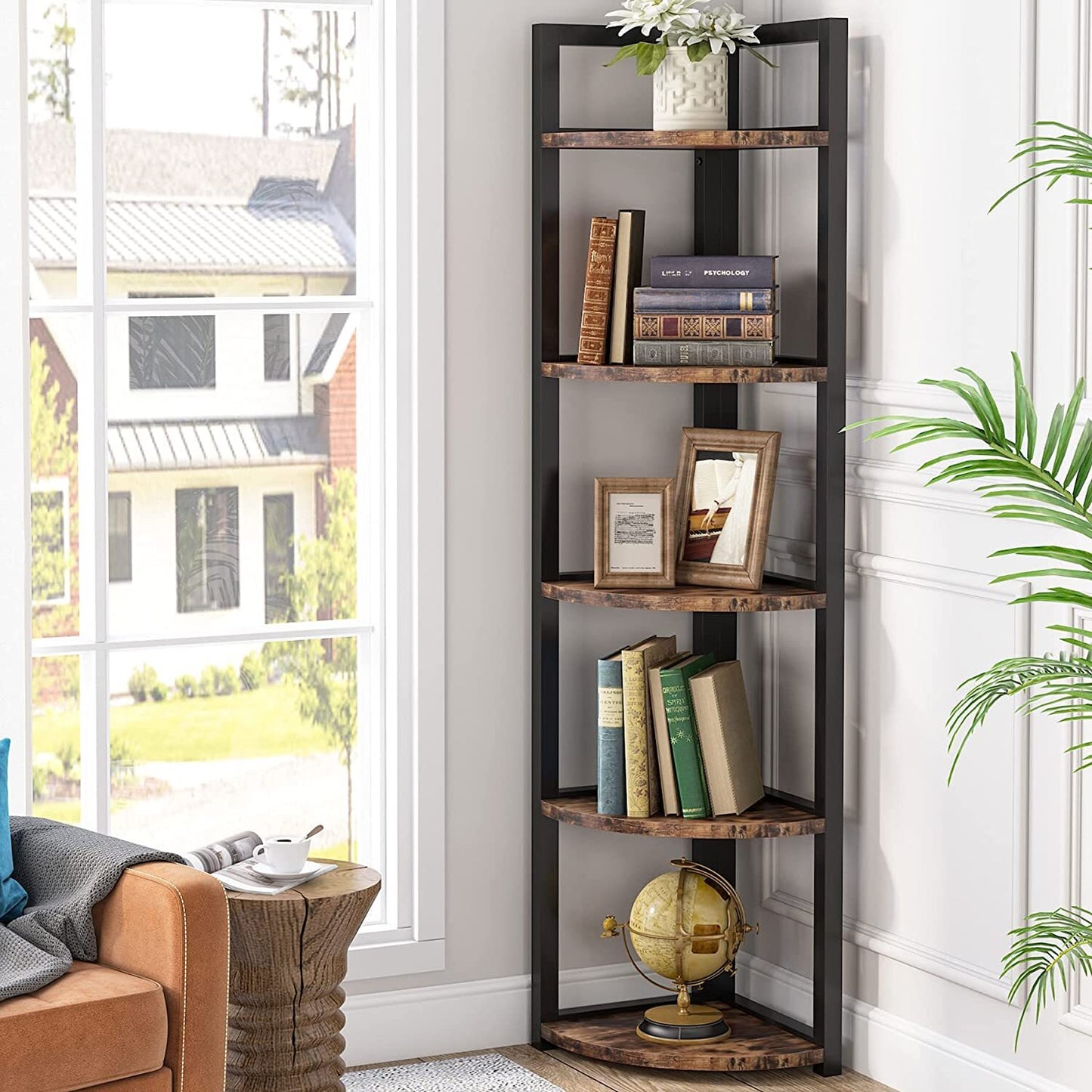 Deluxe 5 Tier Rustic Wood & Steel Corner Shelf Organizer Unit