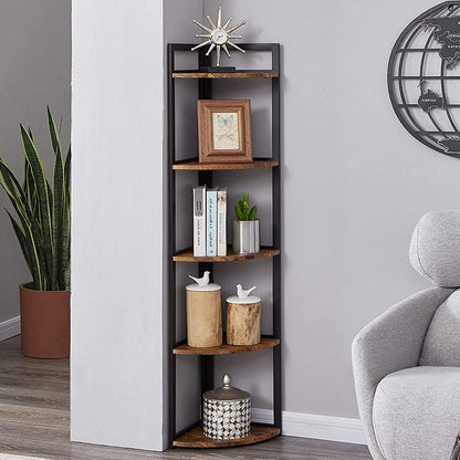 Deluxe 5 Tier Rustic Wood & Steel Corner Shelf Organizer Unit