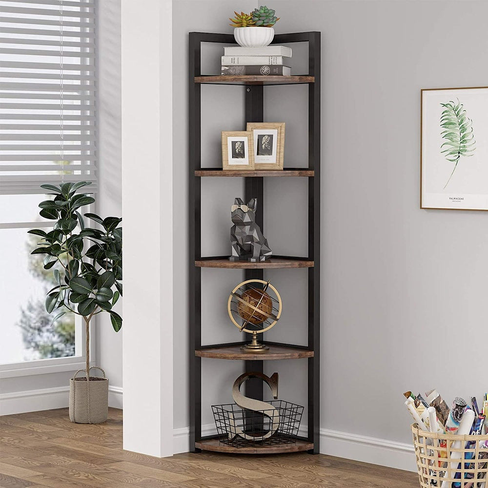 Deluxe 5 Tier Rustic Wood & Steel Corner Shelf Organizer Unit