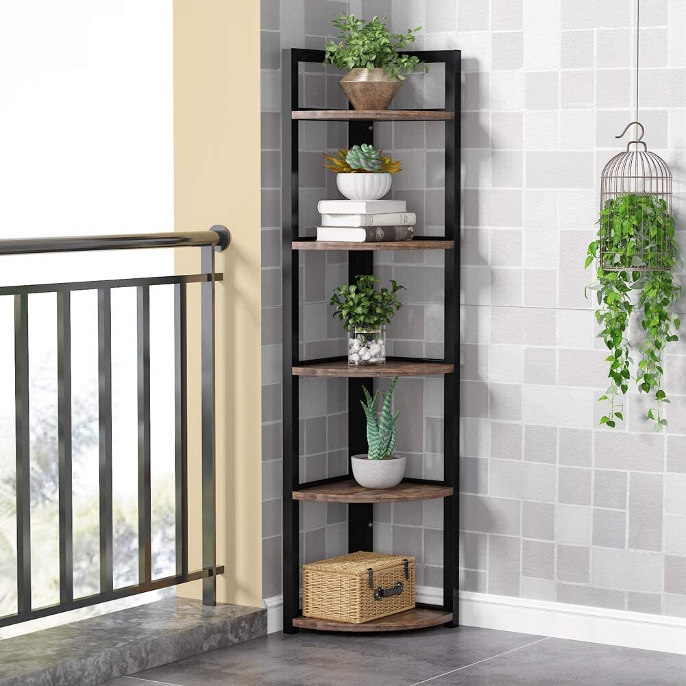 Deluxe 5 Tier Rustic Wood & Steel Corner Shelf Organizer Unit