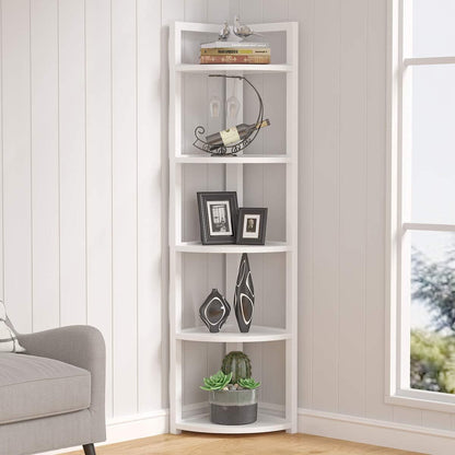 Deluxe 5 Tier Wood & Steel Corner Shelf Organizer Unit (White)