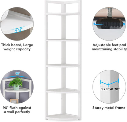 Deluxe 5 Tier Wood & Steel Corner Shelf Organizer Unit (White)