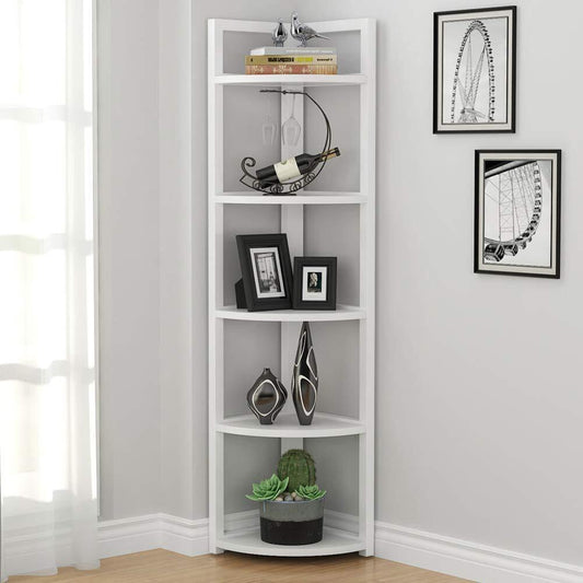 Deluxe 5 Tier Wood & Steel Corner Shelf Organizer Unit (White)