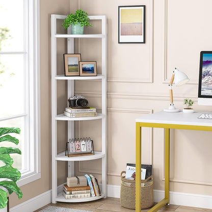 Deluxe 5 Tier Wood & Steel Corner Shelf Organizer Unit (White)