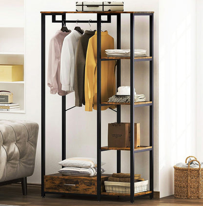 Summit Premium Rustic Tall Wardrobe Cupboard Shelves & Clothes Hanging Rack