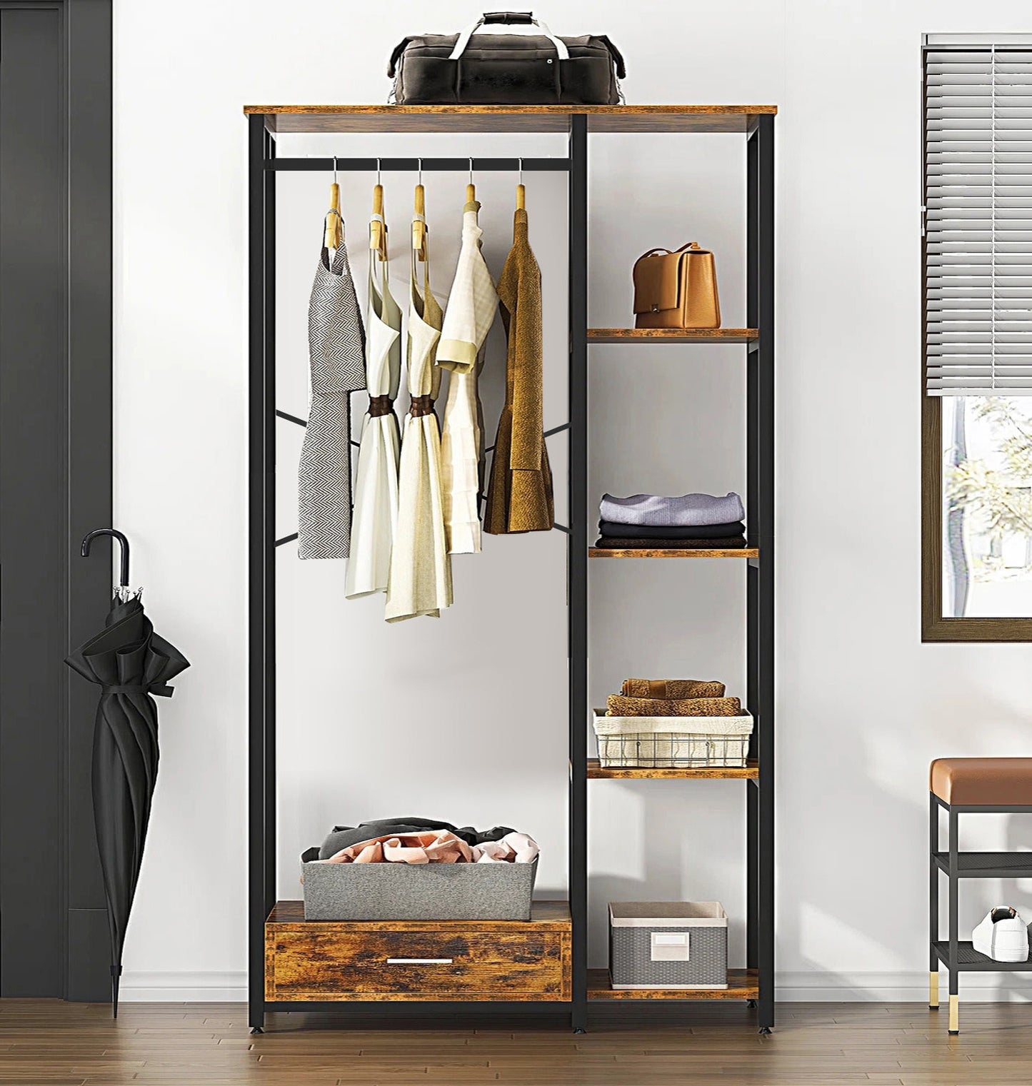 Summit Premium Rustic Tall Wardrobe Cupboard Shelves & Clothes Hanging Rack