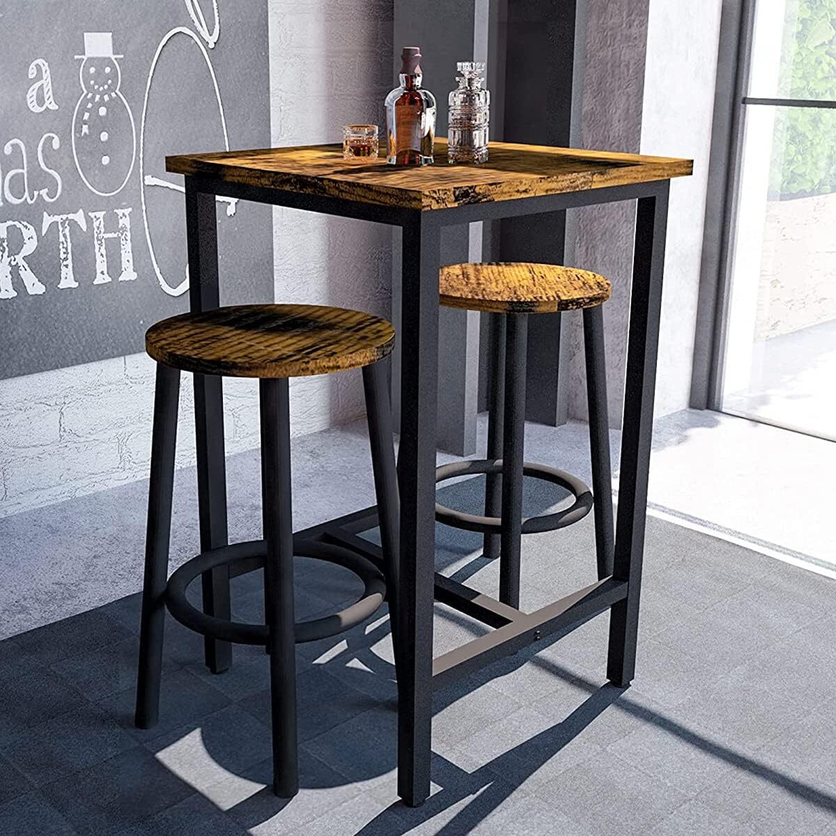 3 Piece Mastery Premium Rustic Wood & Steel Dining Set Bar Table and Stools