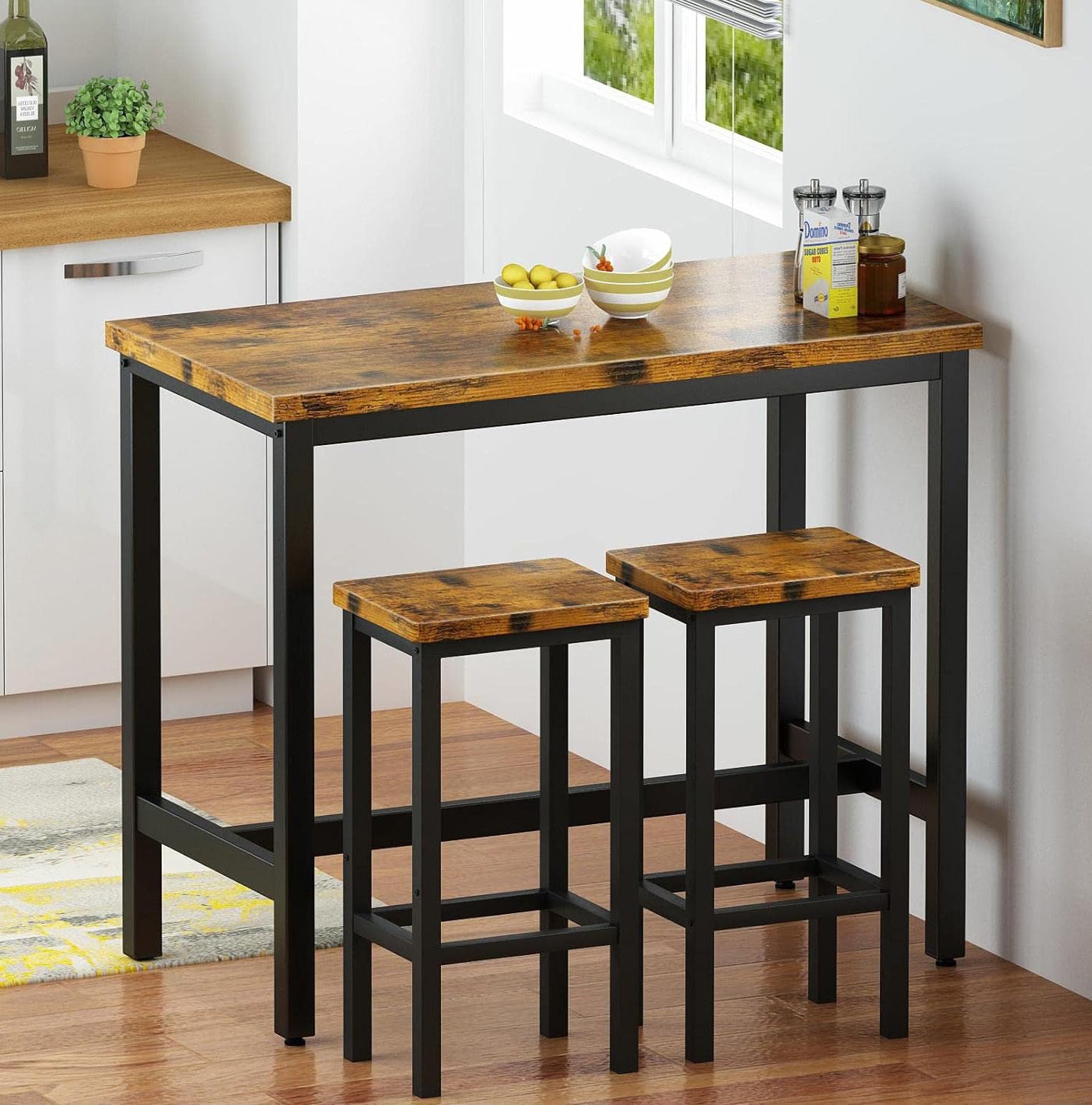 3 Piece Grandeur Premium Rustic Wood & Steel Bar Table and Stools Dinning Set