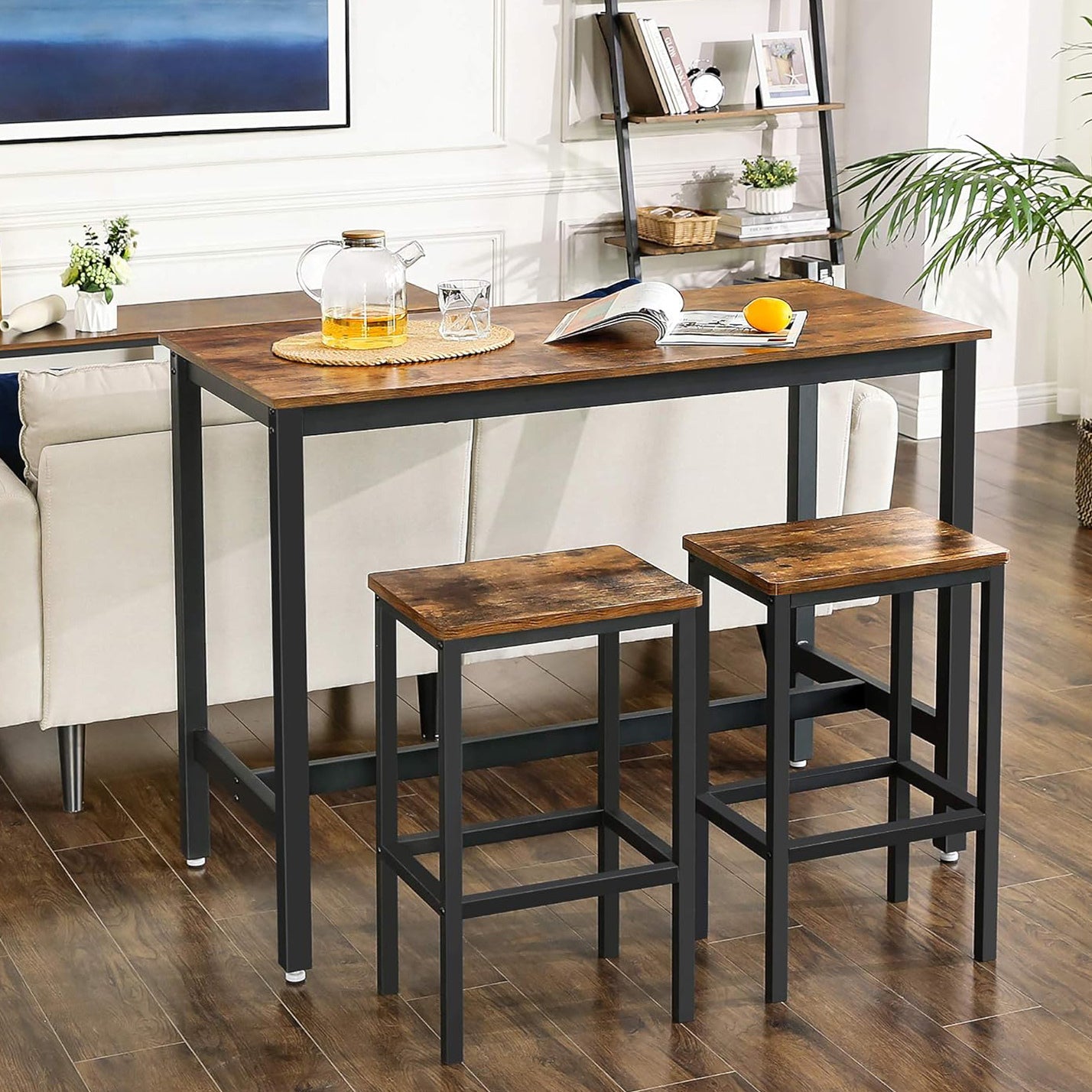 3 Piece Grandeur Premium Rustic Wood & Steel Bar Table and Stools Dinning Set