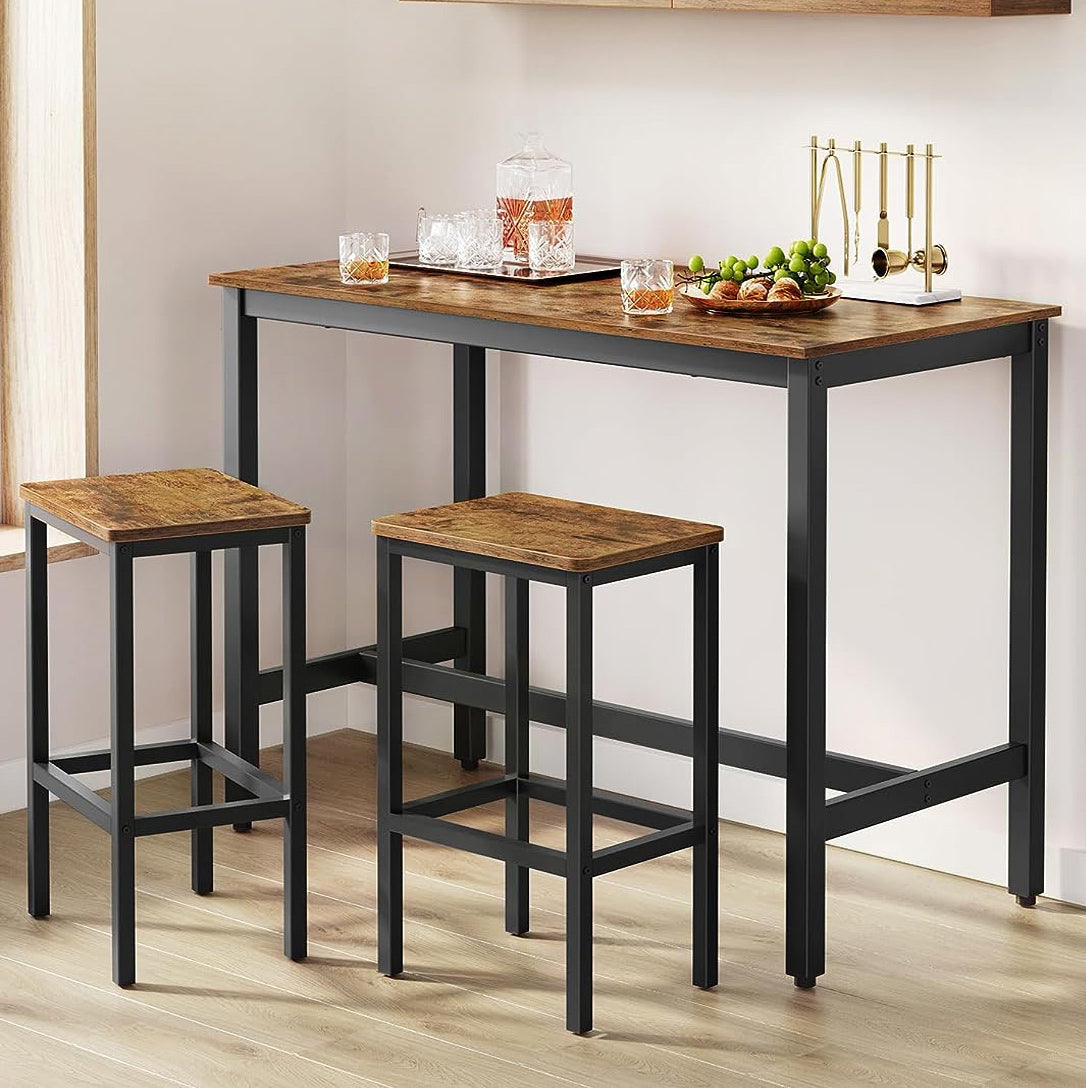 3 Piece Grandeur Premium Rustic Wood & Steel Bar Table and Stools Dinning Set