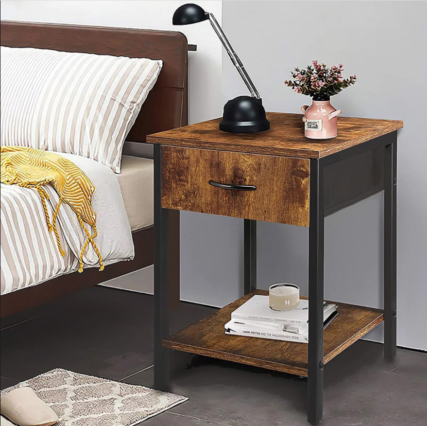 Zen Premium Rustic Wood and Steel Bedside Sofa Side Table with Drawer