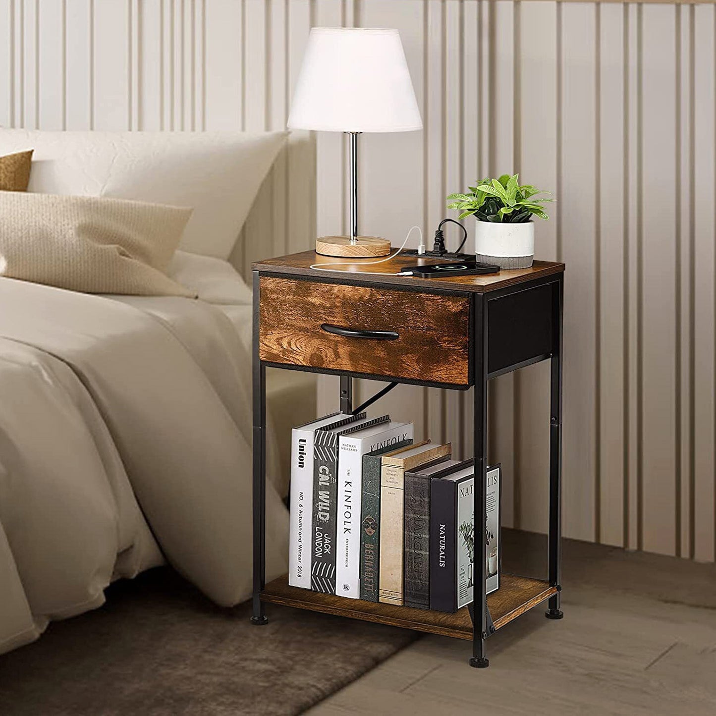 Zen Premium Rustic Wood and Steel Bedside Sofa Side Table with Drawer