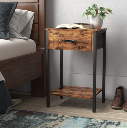 Zen Premium Rustic Wood and Steel Bedside Sofa Side Table with Drawer