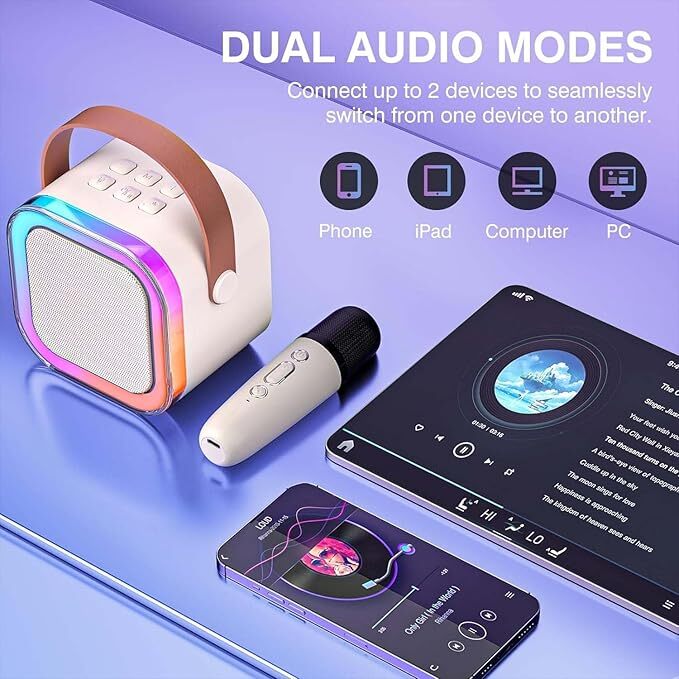 Dual Wireless Microphone Bluetooth Karaoke Speaker Machine with LED Lights