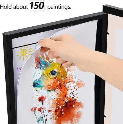 Kids Art Frame Wooden Artwork Display Children Drawing Storage Holds 150 Pictures (Black)