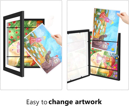 Kids Art Frame Wooden Artwork Display Children Drawing Storage Holds 150 Pictures (Black)