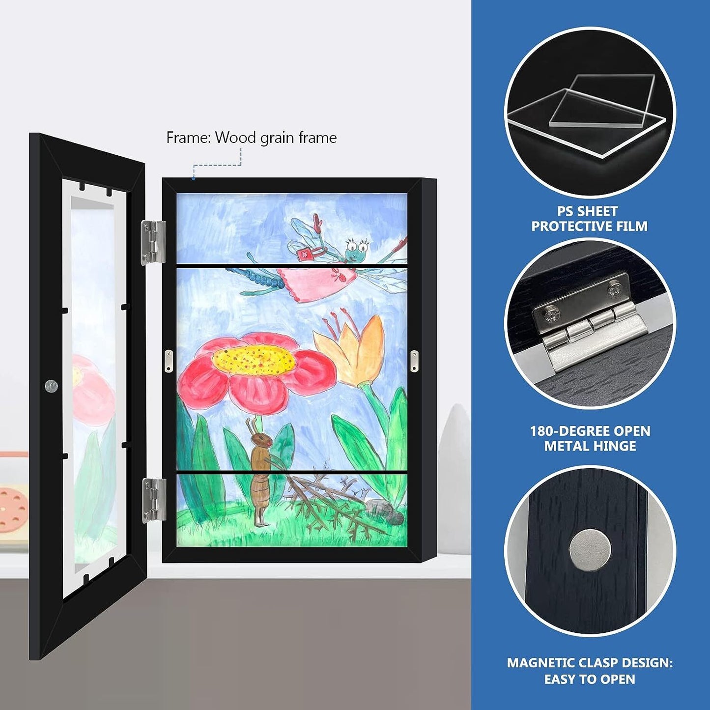 Kids Art Frame Wooden Artwork Display Children Drawing Storage Holds 150 Pictures (Black)