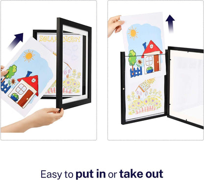 Kids Art Frame Wooden Artwork Display Children Drawing Storage Holds 150 Pictures (Black)