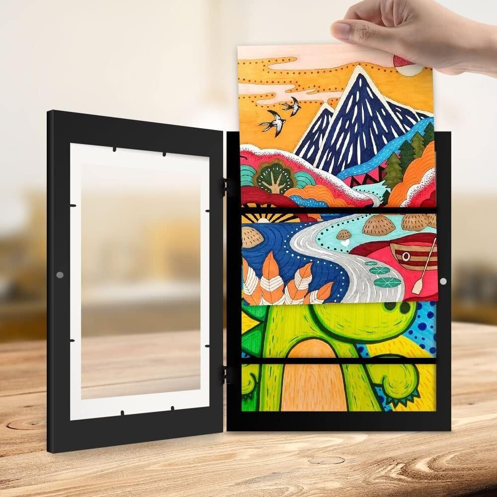 Kids Art Frame Wooden Artwork Display Children Drawing Storage Holds 150 Pictures (Black)