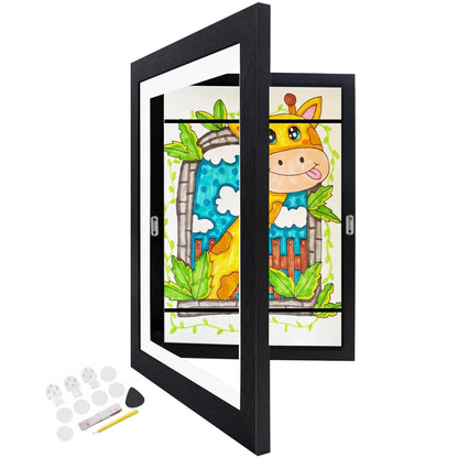 Kids Art Frame Wooden Artwork Display Children Drawing Storage Holds 150 Pictures (Black)