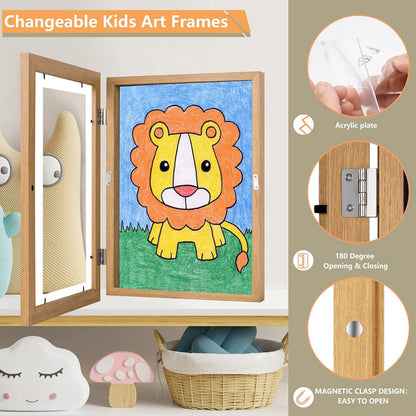 Kids Art Frame Wooden Artwork Display Children Drawing Storage Holds 150 Pictures (Oak)